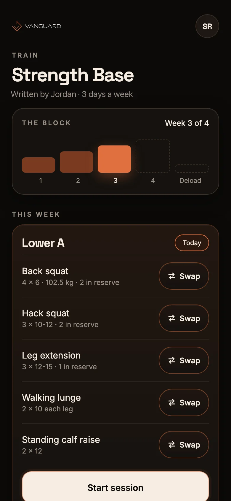 A program in the Vanguard app: the block, the week and each exercise with its load