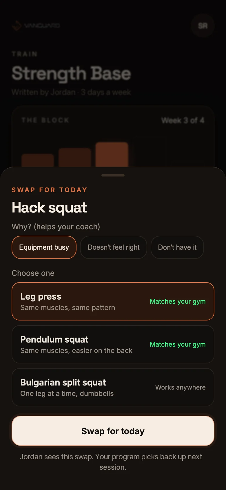 Swapping an exercise in the Vanguard app when a machine is taken