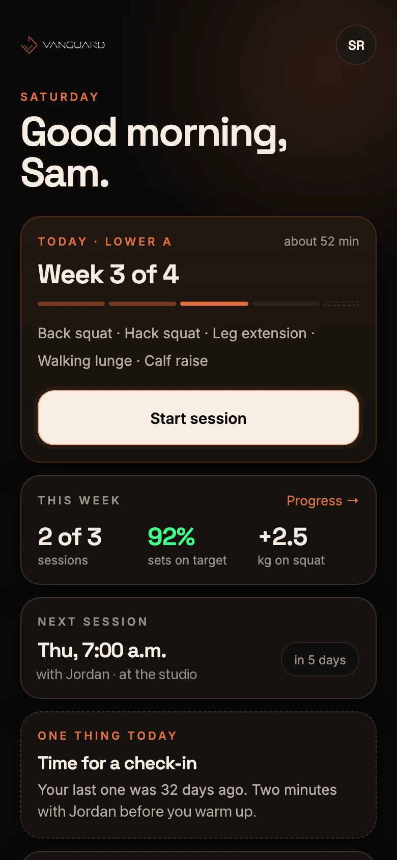 The Vanguard app's Today screen: this week's session, progress and the next booking